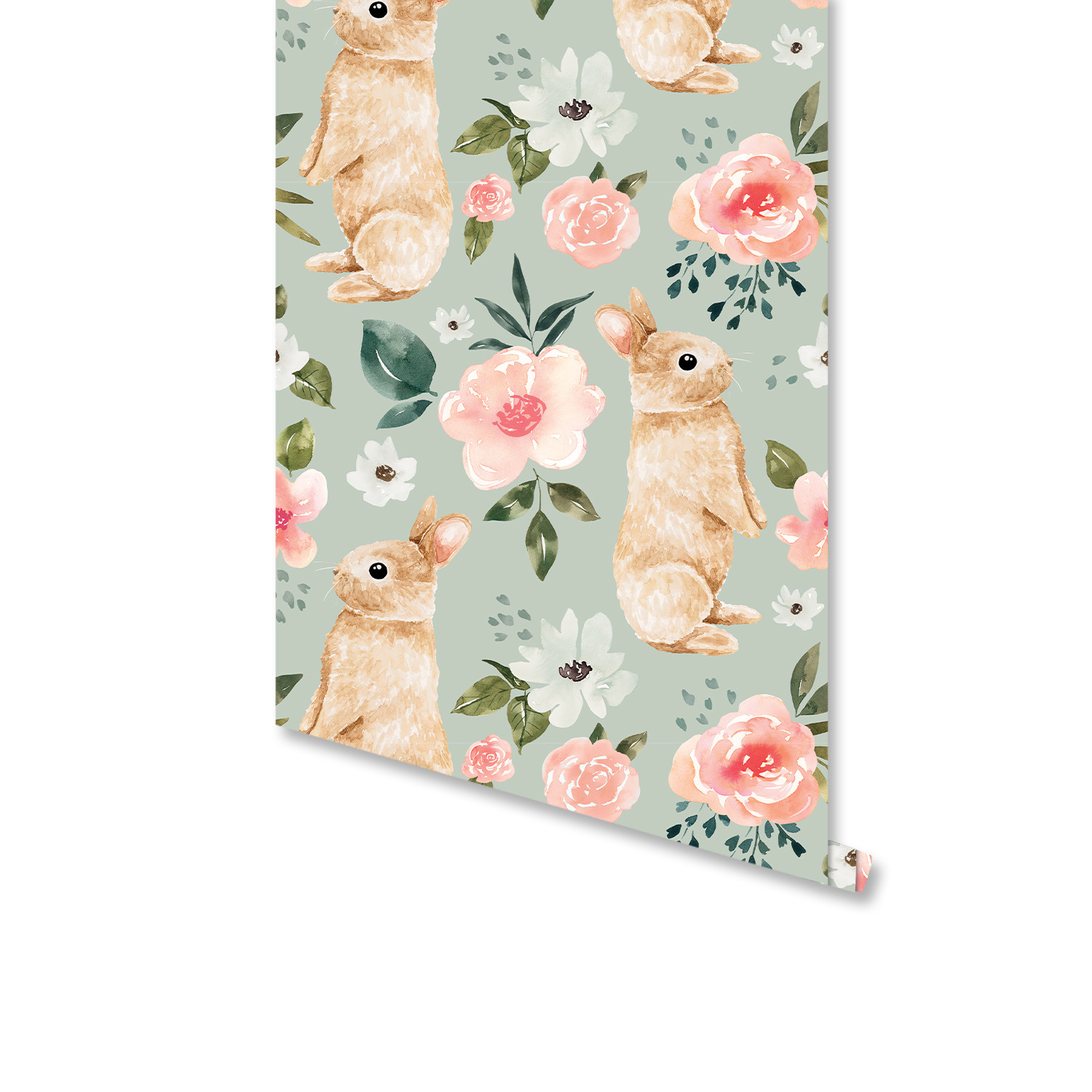 Baby Nursery Decor Girl - Sage Green Bunny Floral Wallpaper Rabbit