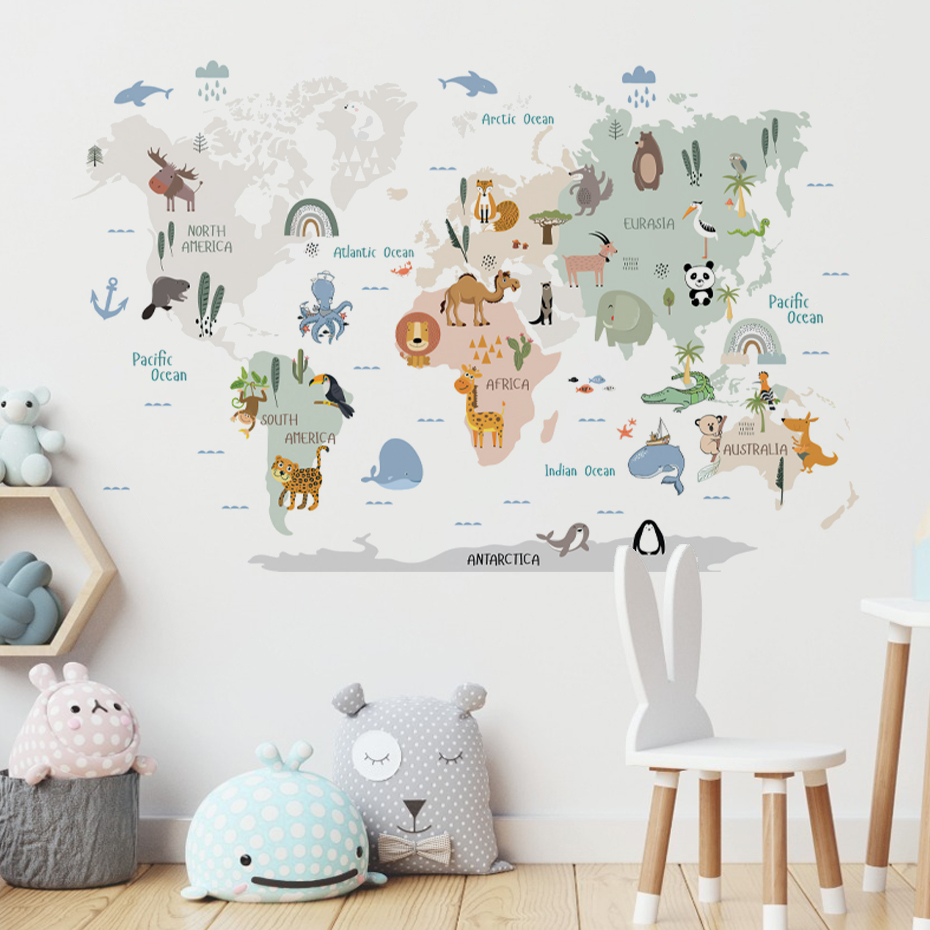 Baby Nursery Decor Girl - Watercolor Cartoon World Map Wall Stickers