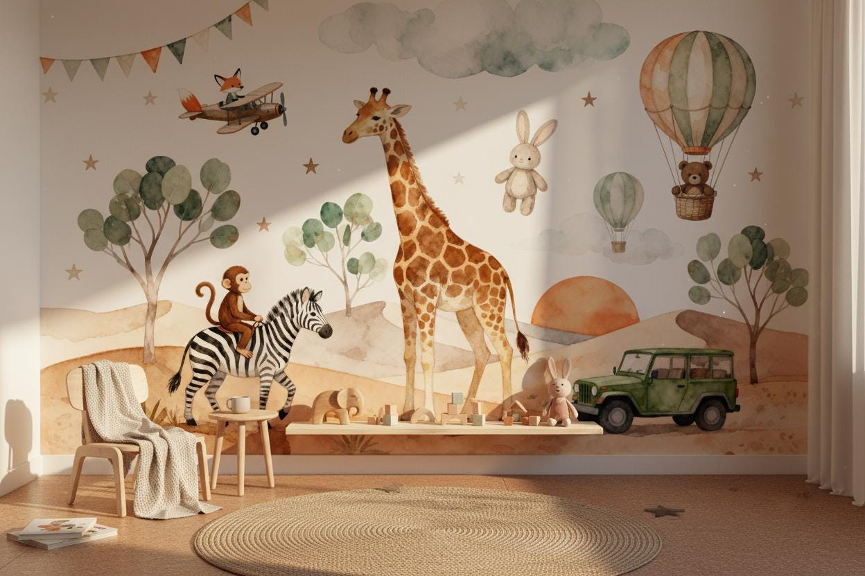 Cartoon Animal Wall Mural Kids - Baby Nursery Peel And Stick Wallpaper 评论和价格