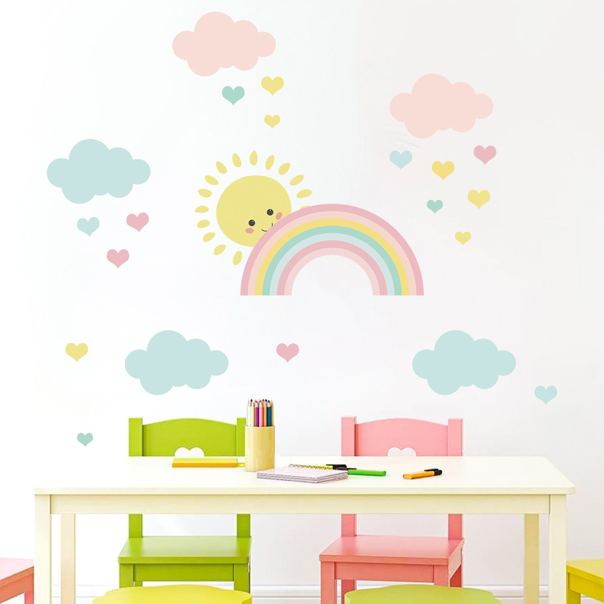 Cartoon Sun Rainbow Clouds Wal - Baby Nursery Decor Girl 评论和价格