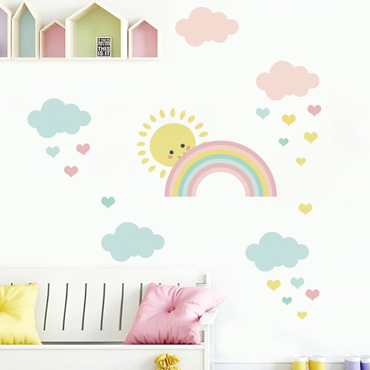 Cartoon Sun Rainbow Clouds Wal - Baby Nursery Decor Girl 评论和价格